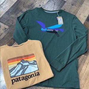 Patagonia Kids Long Sleeve Tees - Green and Tan